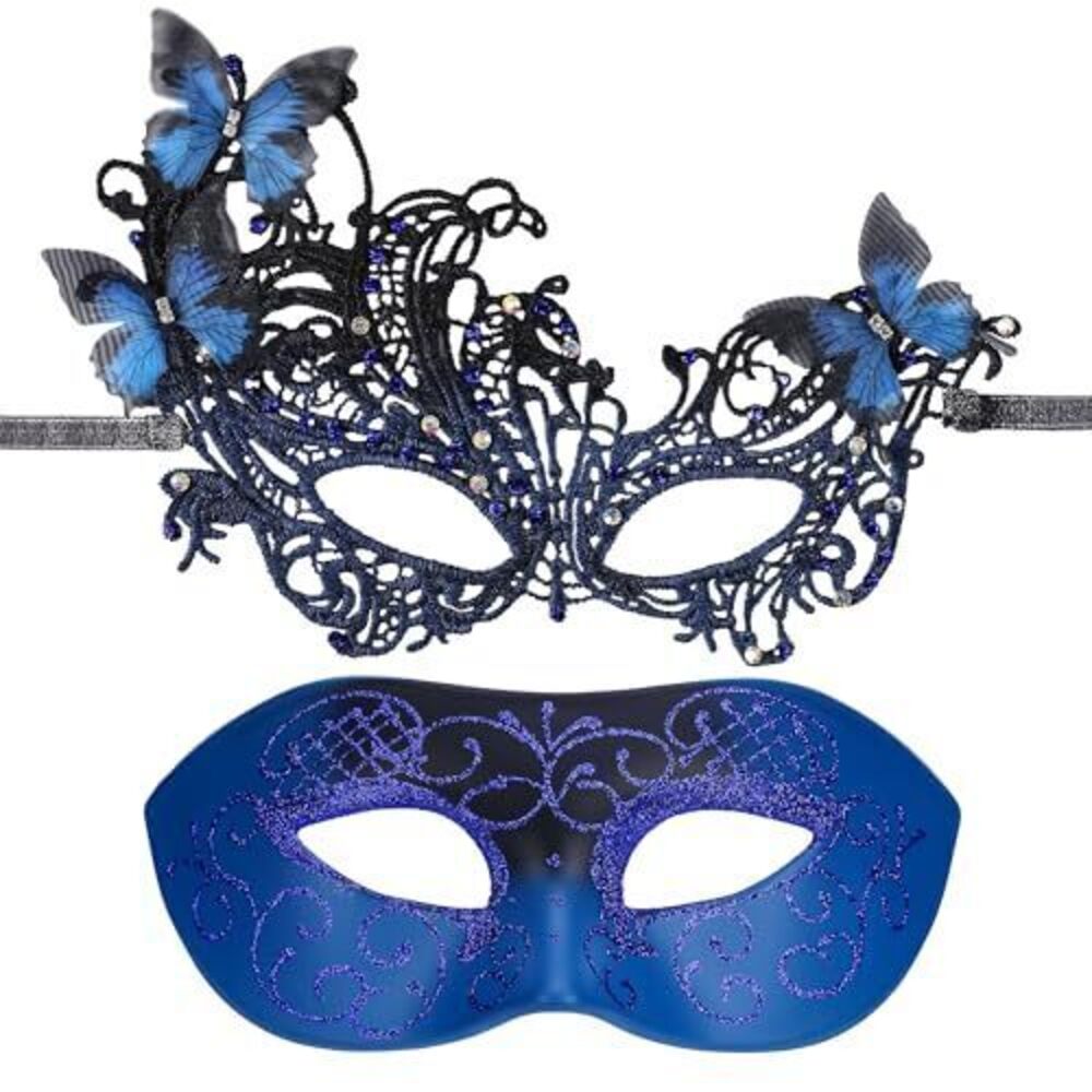 1869 Blue Masquerade Masks for Couple - 2 Pack Halloween Butterfly Mask